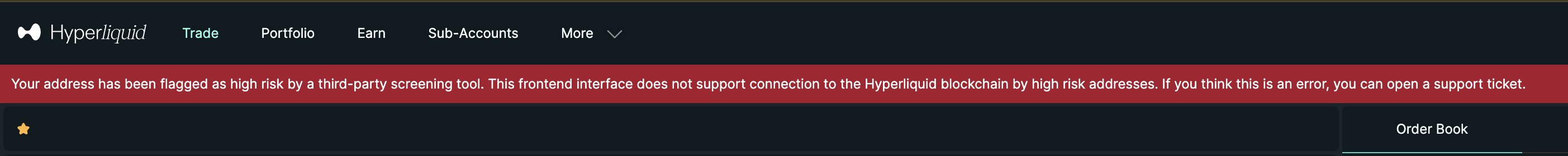 Hyperliquid frontend warning showing a wallet flagged as high risk by a third-party screening tool. Source: X