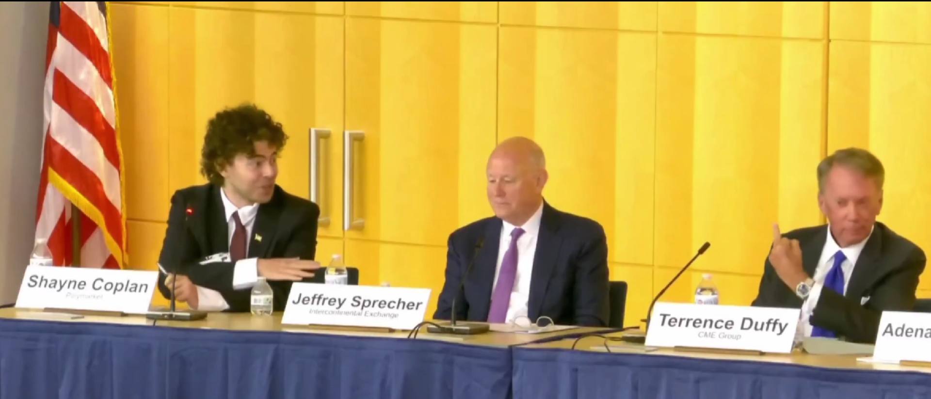 Terry Duffy gestures during a prediction markets panel with Shayne Coplan and Jeffrey Sprecher. Source: X