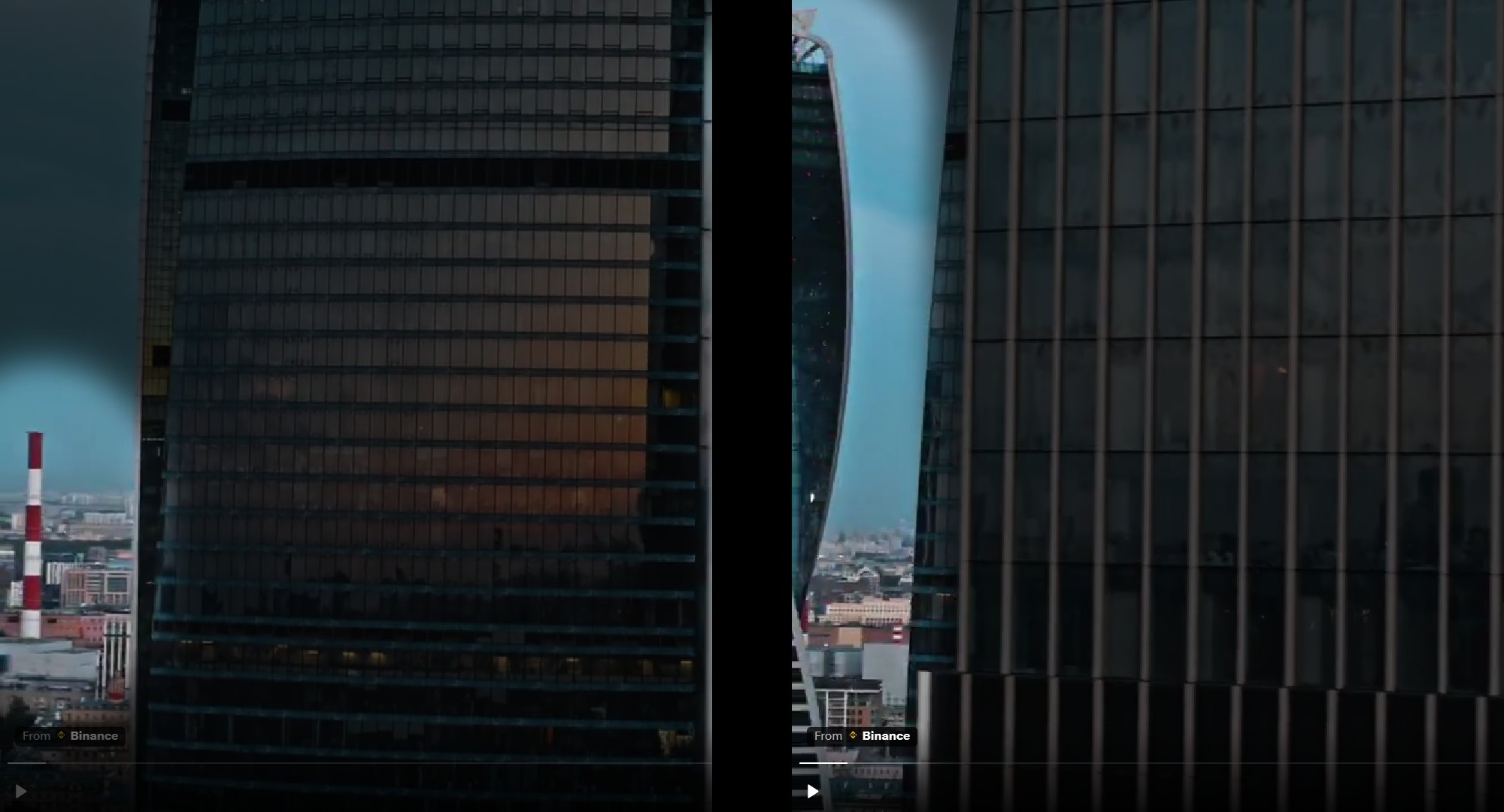 Two frames from Binance's hiring video show Moscow City skyscrapers, with the red-and-white TETS-12 chimney and curved Evolution Tower briefly visible between the buildings. Source: X