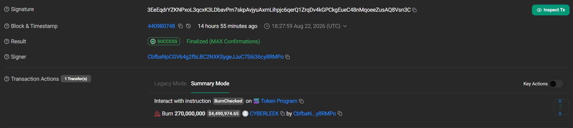 A transaction burning 270 million CYBERLEEK tokens. Source: Solscan