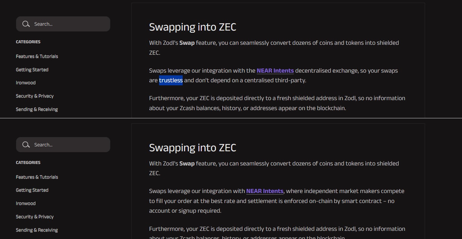 Archived (top) Zodl Swap description vs new one (bottom). Source: Zodl