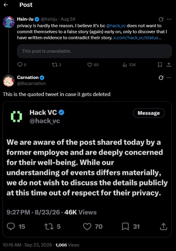Hack VC's deleted X post located by X user @heyellieday. Source: X